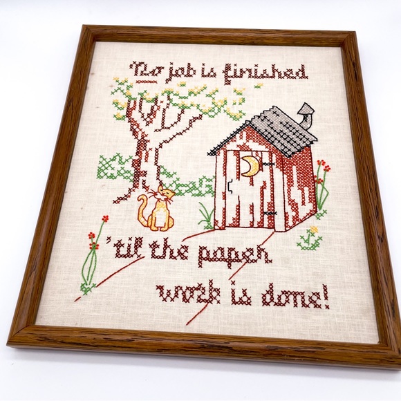 Vintage Cross Stitch Bathroom Sign No Job is Finished Wall Hanging - Picture 11 of 13